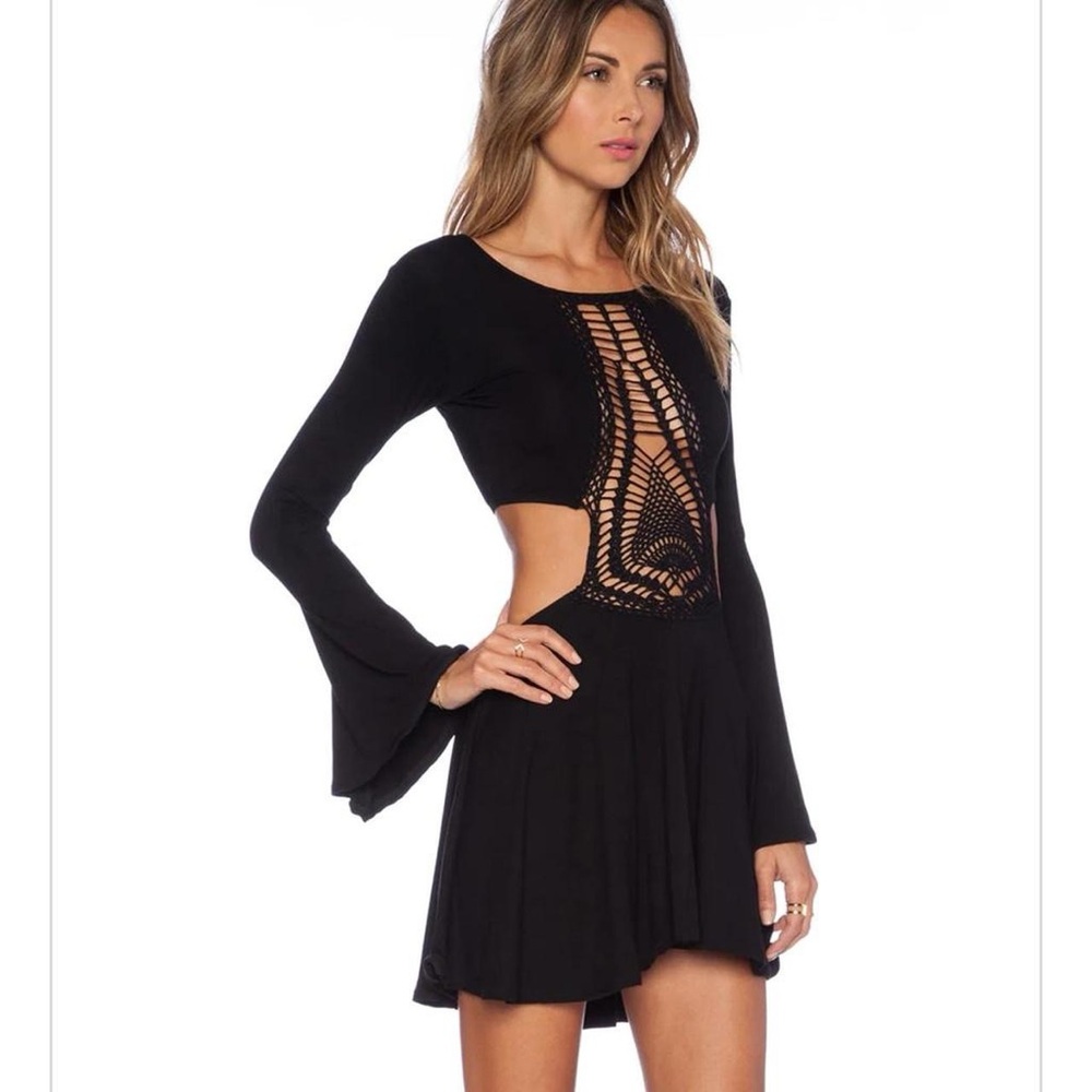 black long sleeve dress with crochet cutout panel